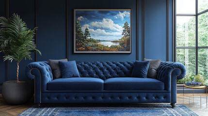 A tufted blue velvet sofa in a living room with a landscape painting and a large window.