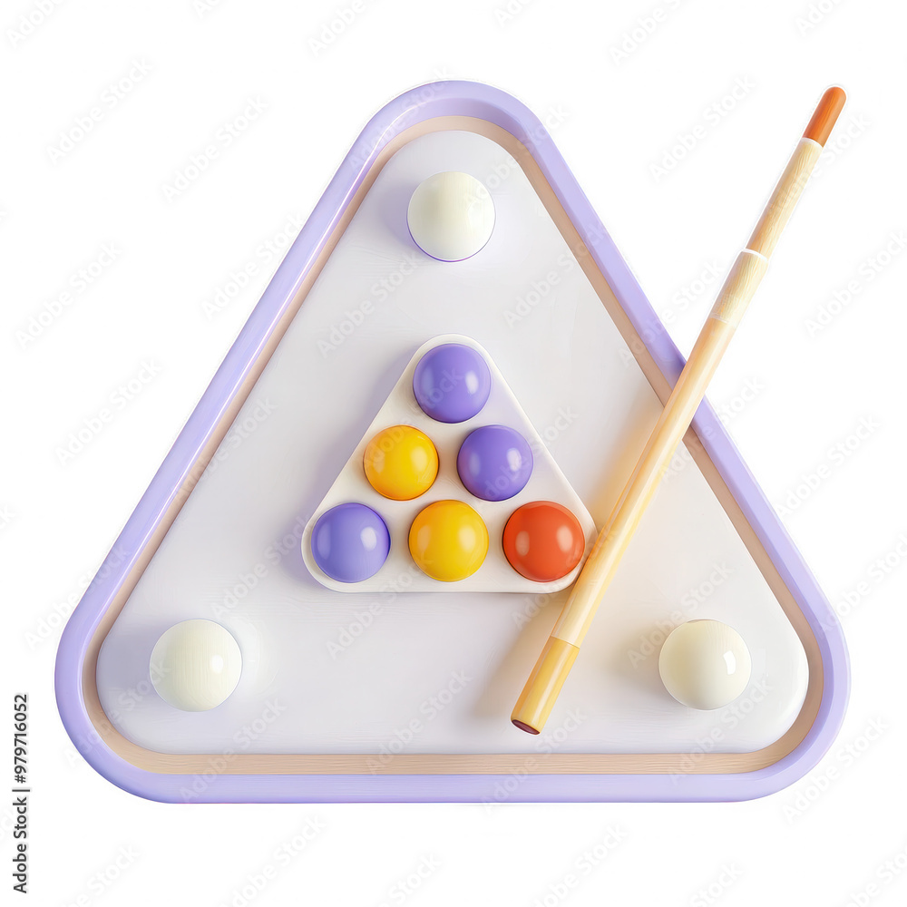 Poster triangular pool cue with triangular rack and cue stick on white surface, isolated on white backgroun