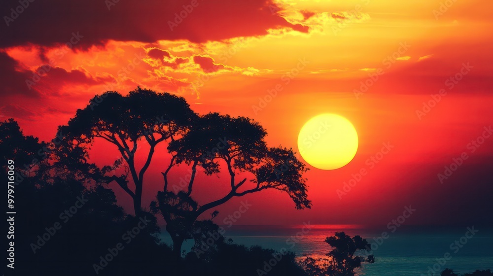 Poster a sunset over the ocean with a tree in the foreground