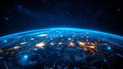 Obraz premium Earth at Night with City Lights and Network Connections