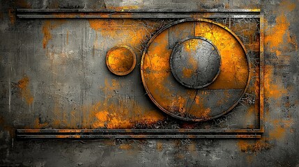   Grunge metal backdrop with an orange circle and two smaller ones adjacent to it on the metal surface