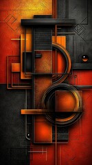   A vibrant painting with a fiery orange and red background, featuring a striking black and gold design in the lower half