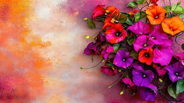 Fototapeta   A vibrant depiction of multi-hued blossoms against a warm backdrop of pink, orange, and yellow, providing ample room for inscriptions