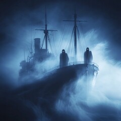 Fototapeta premium Haunted Ship Attraction, an eerie venue featuring spectral figures, shrouded in mist, with weathered sails and creaking wood, evoking a sense of mystery and adventure.
