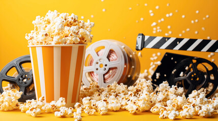 Popcorn in a striped bucket with film reels and a clapperboard on a yellow background, symbolizing a movie or cinema theme with scattered popcorn pieces.