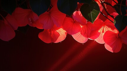   A close-up shot of vibrant red blooms on a leafy branch, bathed in golden sunlight against a black background