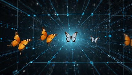 Futuristic network with squares and a butterfly, bird's eye view.