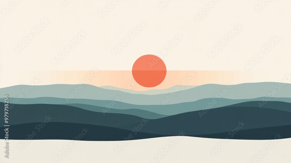 Aufkleber a mountain range with a large red sun in the sky