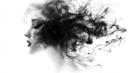   Black and white image of a woman's head with hair billowing and a flower in her hair