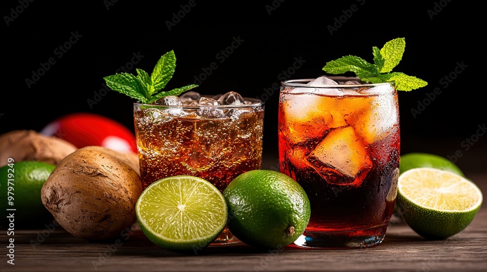 Wall mural   A close-up of a drink in a glass with limes and other fruit on the side