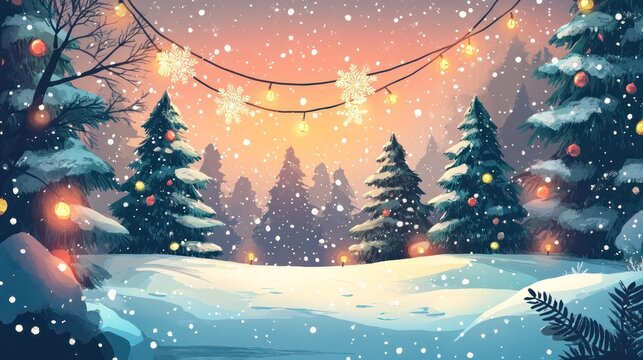 A winter scene with snow-covered trees and a lighted Christmas tree