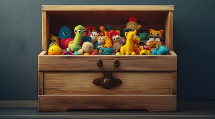 a wooden toy chest full of colorful toys on a grey colored background