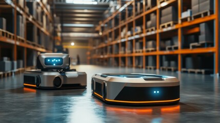 Fototapeta premium Autonomous Robots in Warehouse Operations, a dynamic scene highlighting advanced robotic systems collaborating efficiently in a busy logistics setting, enhancing productivity and innovation.