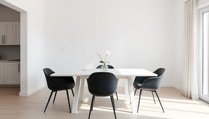 A clean, minimalist dining area with a white dining table, black dining chairs. 