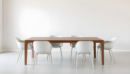 A serene and understated dining space featuring a sleek, low-profile dining table made of polished wood.