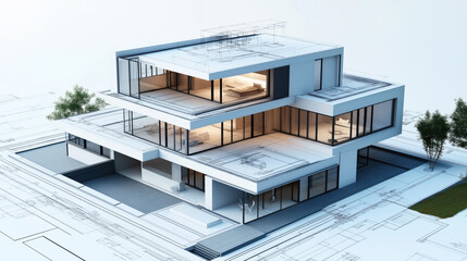 3D architectural rendering of a modern multi-story house superimposed over technical blueprints, featuring large glass windows and minimalist design elements.