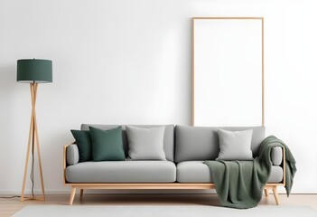 Modern interior with a gray sofa and wooden floor lamp on a white background, mockup template for product presentation. White wall background with a grey fabric couch and a green blanket.