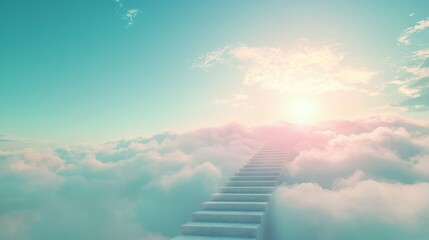 A minimalist depiction of a stairway leading up through the clouds into a bright, ethereal sky, symbolizing a journey to heaven.