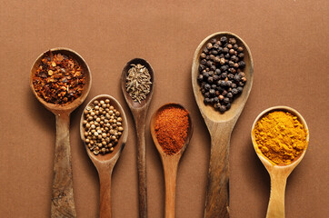 Mix of spices in wooden spoon isolated on a brown background. Top view. Flat lay. Set or collection...