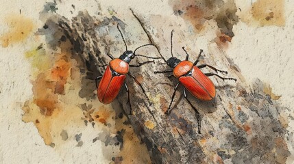 A pair of beetles crawling on the bark of a tree, with soft watercolor textures highlighting the tree s rough surface