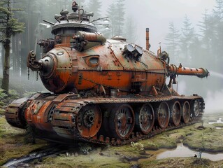 Naklejka premium A rusty, futuristic tank with a large cannon in a foggy forest.