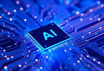 A futuristic microchip with glowing blue accents and the letters 'AI' emblazoned on its surface, set against a vibrant blue backdrop that pulses with an otherworldly energy.