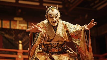 Japanese Noh Performer in Traditional Mask and Costume on Stage