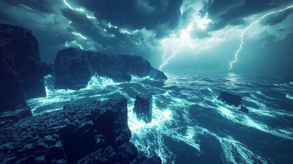 Obraz premium Stormy 3D Cube World: Dramatic Lightning Storm on Pixelated Rocky Coastline