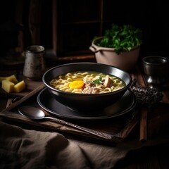 Asian food. A bowl of pork noodle soup with a boiled egg. Side view, dark background.