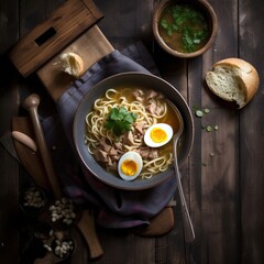 Asian food. A bowl of pork noodle soup with boiled egg.