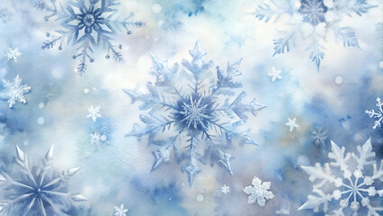 Fototapeta premium Watercolor snowflake pattern background, delicate snowflakes painted with light blue and silver tones, softly fading into a textured white winter sky wash, creating a serene and intricate winter solst