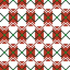 Christmas pixel seamless pattern. Chess and cross pattern with green, red, and white color. Gift wrap and fabric design.