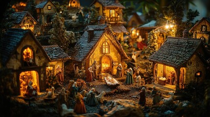 Fototapeta premium A nativity scene with warm, festive lighting.