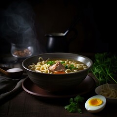 Asian food. A bowl of pork noodle soup with a boiled egg. Side view, dark background.