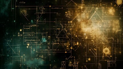 Abstract Gold and Green Geometric Pattern with Overlapping Shapes and Glowing Circles