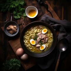 Asian food. A bowl of pork noodle soup with boiled egg.