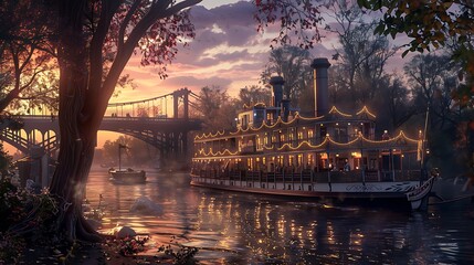 A riverboat docked at dusk with a bridge and many trees