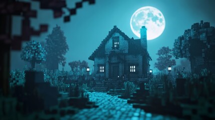 Haunted Cube World: Ghostly Figures and Eerie Landscapes under the Full Moon