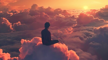 Obraz premium A lone figure sits on a cloud, watching a vibrant sunset over a sea of clouds.