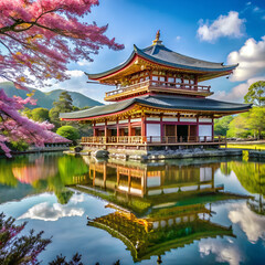 Fototapeta premium a building with a pink tree on the top of it