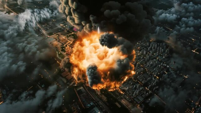 Aerial view of massive explosion engulfing urban center, billowing smoke and flames consuming cityscape. Catastrophic scene for devastating impact of disaster on populated areas with a misil