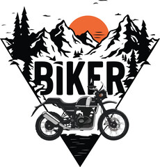 Biker Adventure Illustration Vector with Mountains, Lake, and Royal Enfield Himalayan