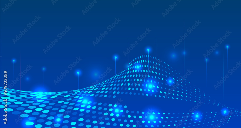 Poster Abstract background with glowing dynamic lines. Futuristic blue stripes with circles. Modern high-tech background for presentations and websites.