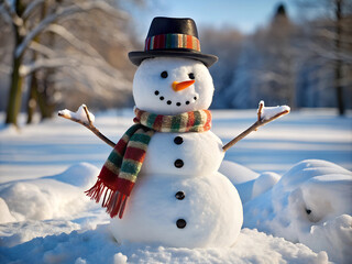 Fototapeta premium a snowman with a red hat and a scarf around its neck.