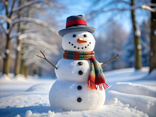 Obraz premium a snowman with a red hat and a scarf around its neck.