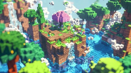Whimsical 3D Cube World: Pixelated Fairytale Adventures in Enchanting Landscapes