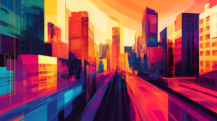 Experiment with complementary colors to create a dynamic digital illustration of a vibrant urban landscape. Complementary Colors. Illustration