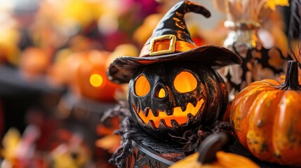 A pumpkin with a black face and a black hat on top of it