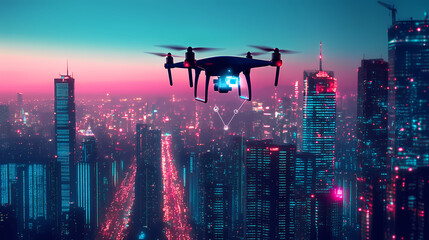 Future data by capturing drone images at night that collect information. Drone. Illustration