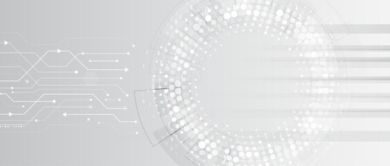 Wide grey background with various technological elements. Abstract circle technology communication, vector illustration. Hi-tech computer digital technology concept.